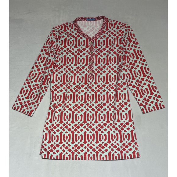 J McLaughlin Catalina Cloth Top Womens Medium 3/4 Sleeve Coral Aqua 1/4 Button - Picture 1 of 12